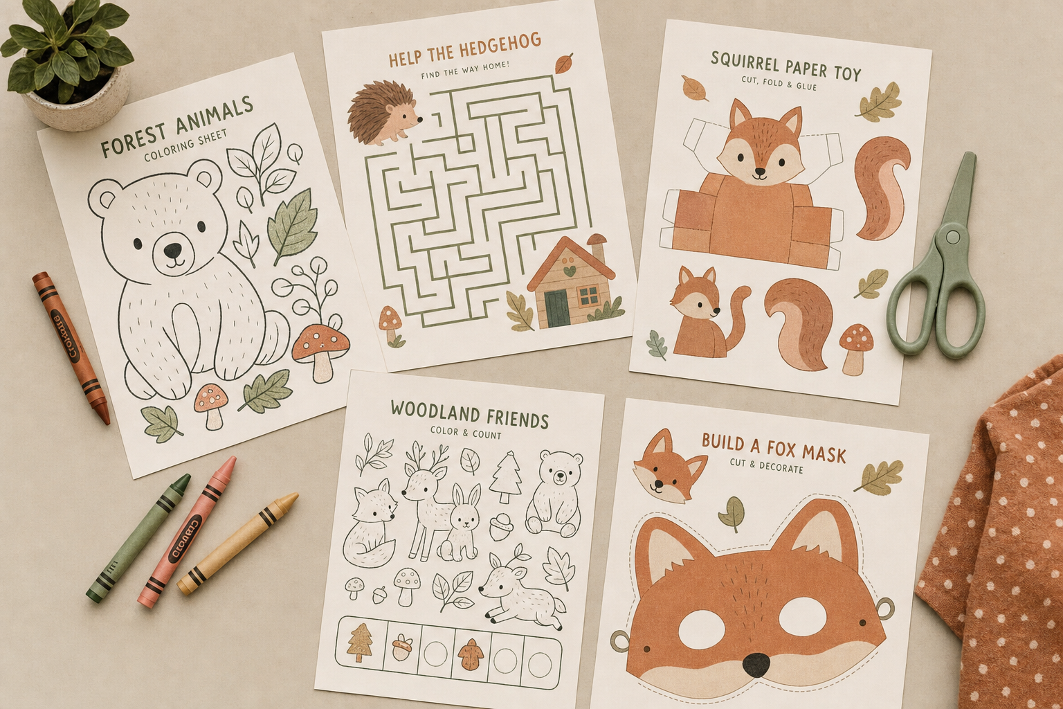 Kids activity pages, coloring sheets and paper crafts