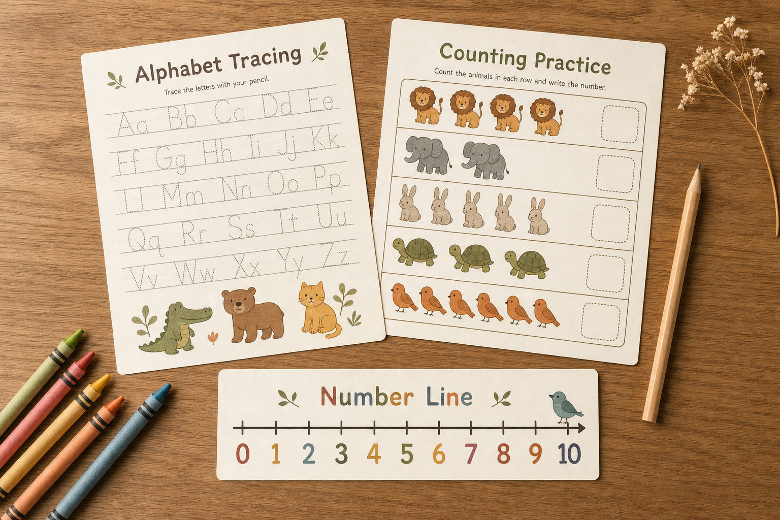Alphabet tracing and counting practice worksheets